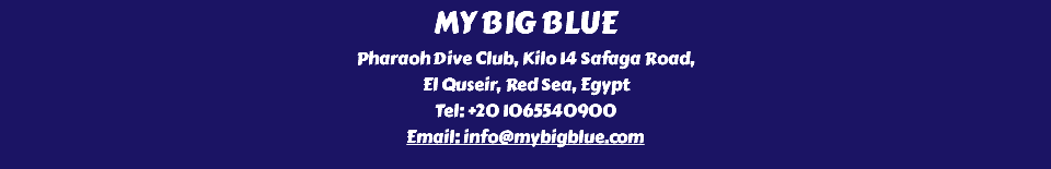 MY BIG BLUE Pharaoh Dive Club, Kilo 14 Safaga Road, El Quseir, Red Sea, Egypt Tel: +20 1065540900 Email: info@mybigblue.com 